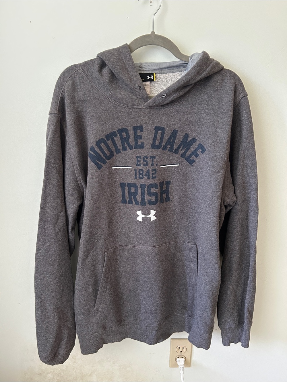 Under Armour Men's Dark Gray Hoodie with Navy and White Notre Dame Graphic